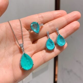 New Caibao Simulation Blue Water Drop Gem Necklace Earrings Ring Jewelry Set