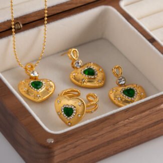 French Heart Emerald Zircon Wire Drawing Necklace Earrings Ring Jewelry write description and meta tags with comma