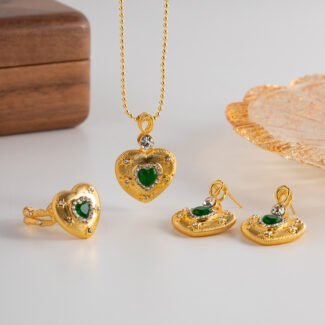 French Heart Emerald Zircon Wire Drawing Necklace Earrings Ring Jewelry write description and meta tags with comma