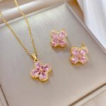 Fashion Hot Selling dubai Pink Zircon fine Jewelry Set Crystal Stainless Steel Jewelry Set For Women