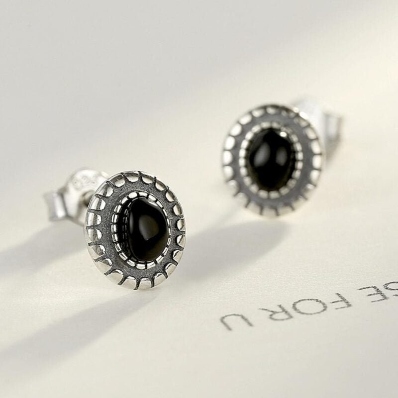 Black Sterling Silver Natural Stone Rhinestone Gemstone Oval Vintage Earring