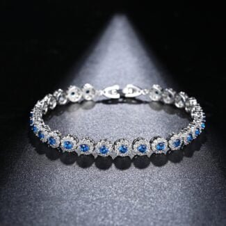 New White Gold Color Women Jewelry Gift Bridal Wedding Fashion Blue Cubic Zirconia Round Tennis Bracelets