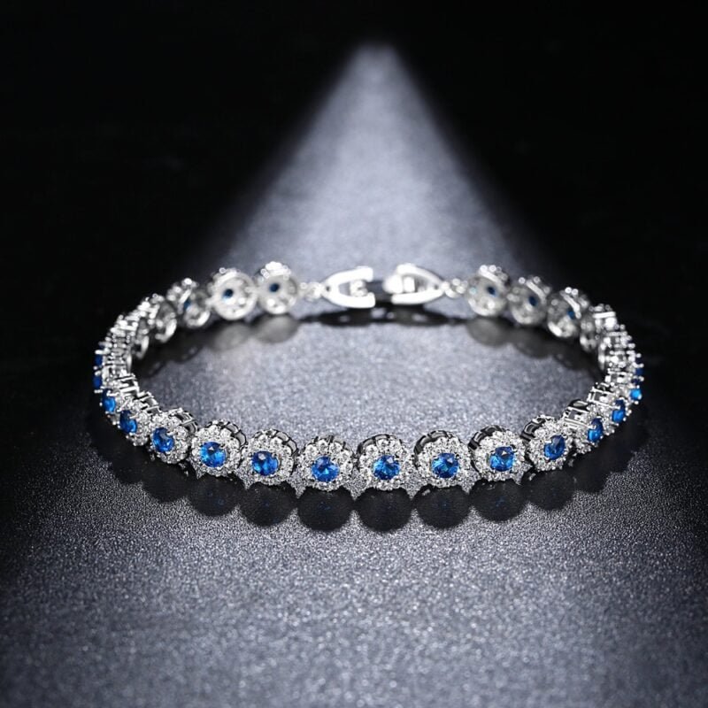 New White Gold Color Women Jewelry Gift Bridal Wedding Fashion Blue Cubic Zirconia Round Tennis Bracelets