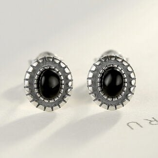 Black Sterling Silver Natural Stone Rhinestone Gemstone Oval Vintage Earring